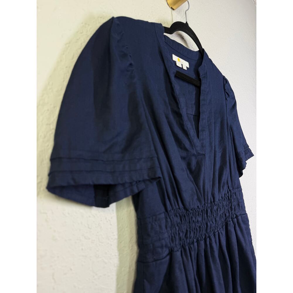 ANTHROPOLOGIE BODEN Dress 8 Linen VNeck Puff Sleeve Elastic Waist Pockets Navy - Picture 8 of 13